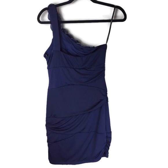 B Darlin One Shoulder Metallic Rosette Ruched Navy Mini Dress Size 11/12 - Picture 2 of 7